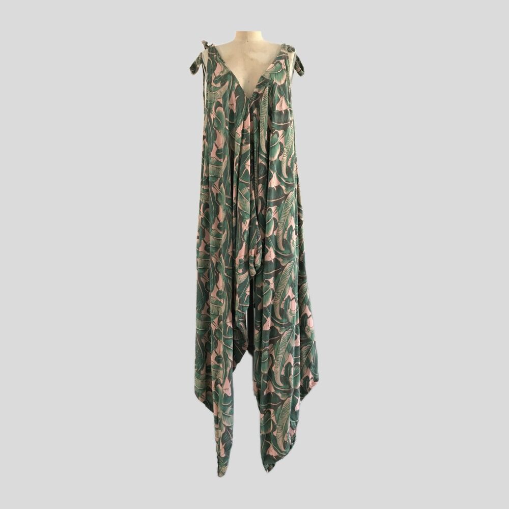 Rinjanie Batik Pink Green Tropical Print Oversized Sleeveless Floral Jumpsuit M